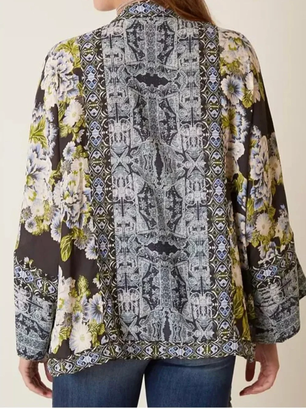 Free People Wildflower Kimono Floral Print Chiffon Zip Front Size M/L Cinch Tie